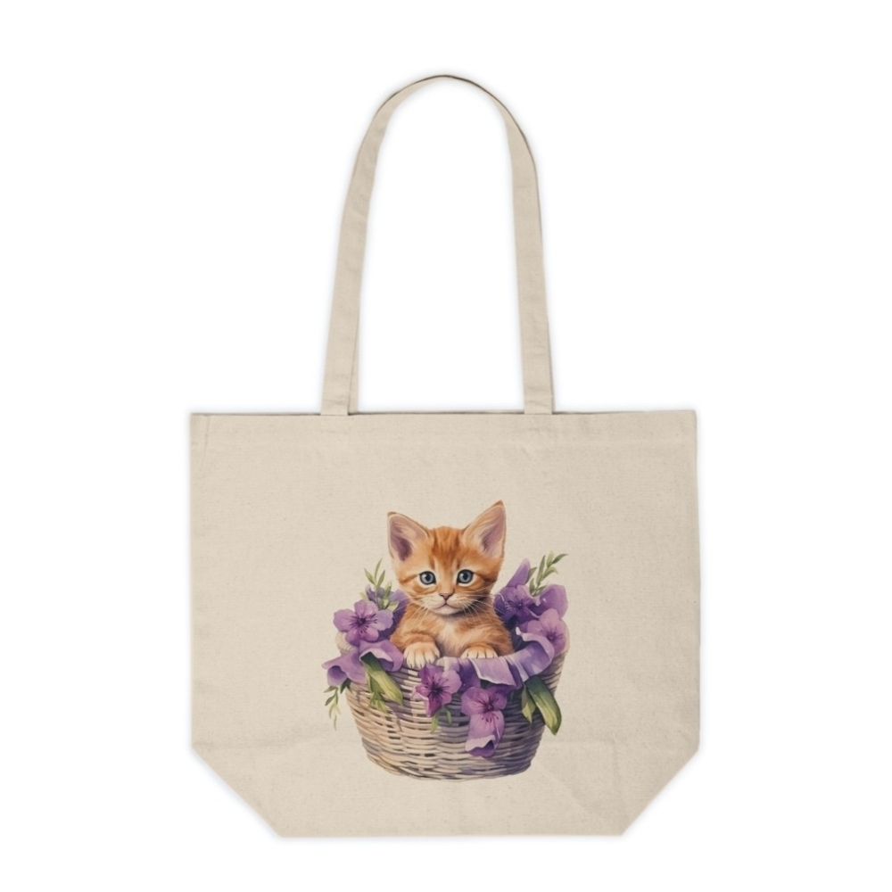 Floral Cat in a Basket Custom Canvas Tote Bag